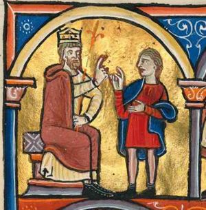 Darius, crowned and enthroned, holding his sceptre with his left hand in front of his body, stretching his right hand forward in a gesture of speech; Daniel, in short tunic, before him, raises his right hand in a gesture of speech, while holding his left in front of him; architectural setting.