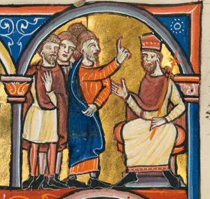 the conspirators gather before Darius, who is sitting on the left with his right hand to the side with the palm in front view, holding his sceptre with his left on his knee; the foremost of the conspirators stretches his right hand forward in a gesture of speech, while holding the edge of his cloak with his left hand downward; one of the other holds his left hand in front of his chest; architectural setting.