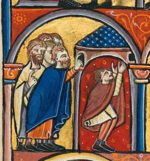 in his room, represented as a small domed building with tiny windows, Daniel is standing with both legs bent, his head turned upwards, his arms raised; he is wearing a short tunic; the conspirators are gathered outside his room; the foremost of them stretches his right arm forward in speaking or pointing gesture; the second one holds his right hand in front of his chest in a speaking or pointing gesture; architectural setting.