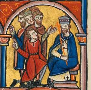 king Darius is seated with his sceptre in his right hand in front of him, holding his left in front of his chest in a gesture of speech; the foremost of the group of conspirators is bending his knees in a half-kneeling position, holding his left hand down and points with his right hand sideways, back at the previous scene; one of the others is holding his right arm in the same position, but turns his head back to his right; a third one is holding his left hand forward with the palm in front view; architectural setting.