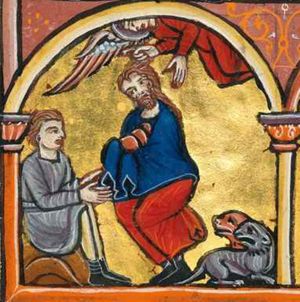 the prophet Habakkuk, holding food with both hands covered with his cape in front of him, is carried by a flying angel who has seized the prophet by his hair with the right hand forward, holding the left forward too; Daniel is sitting on a stone in the lion's den, resting both arms on his legs, palms towards each other; two lions, lying on the ground, turn their heads back to their right; architectural setting.
