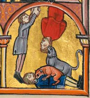 Daniel is hanging, his upwards stretched arms held by two hands who pull him out of the lion's den; one of the conspirators is lying on the bottom of the den with a lion at his throat; a second one is thrown, head down, into the den with his hands tied on his back; a lion bites his head; architectural setting.
