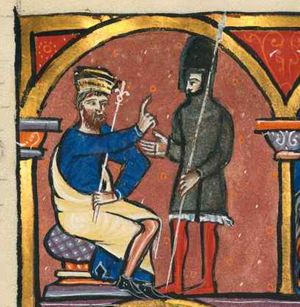 king Nebuchadnezzar, sitting with his legs crossed, seen in profile, is holding a sceptre in his left hand in front of his body, and stretches his right hand forward, making a gesture of speech; Holofernes is standing before the king, his right hand forward with the palm in front view, holding his lance with his right hand downward; he is wearing a coat of mail over a short tunic, and a helmet; architectural setting.