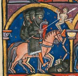 three soldiers in full armour (helmet, shield) on horseback; the foremost of them (Holofernes?) pierces a statue (of a god?) - a naked man with bent knees, arms sideways with palms in front view - with his lance; the statue is falling from a crumbling column; two severed heads lying on the ground, one of which wears a helmet; architectural setting.