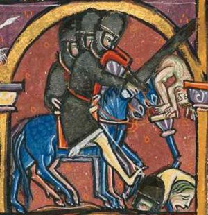 three soldiers in full armour (helmet, shield) on horseback; the foremost of them (Holofernes?) strikes a statue (of a god?) with his sword; the statue makes a back-bend, falling from its crumbling column; on the ground two heads, one of which wears a helmet; architectural setting.