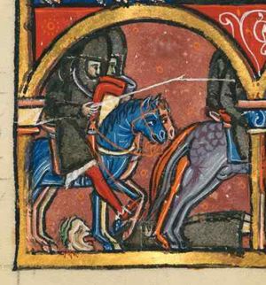 three soldiers, (full armour, helmet, shield) on horseback, pursue(?) another small group of soldiers on horses, of which only the hind legs remain visible; one of the pursuing group holds a broken lance; a decapitated corpse and a severed head lying on the ground; architectural setting.