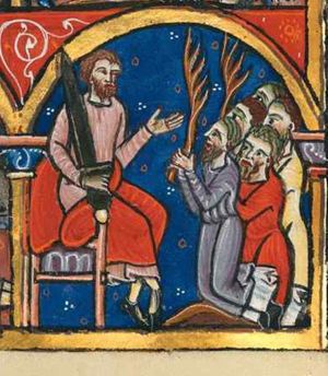 Holofernes sitting on a chair, holds his sword with his right hand down, resting it against his shoulder, and puts his left hand forward with the palm upwards; a group of kneeling men in front of him, some of which holding a branch; architectural setting.
