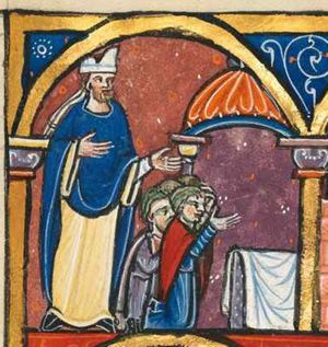 Eliakim, dressed as a bishop, holds his right hand in front of his chest, his left hand sideways with the palm in front view; to his left a small group of people is kneeling in front of an altar - covered with a sack - placed under a canopy; one of them raises his left hand with palm upwards and strews ashes on his head with left hand; architectural setting.
