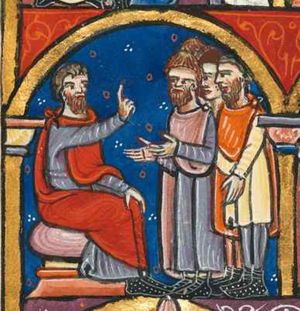 Holofernes is seated with his left hand on his knee, stretching his right hand forward in a gesture of speech; three men in front of him, one in short tunic, holds his left hand down; a second one holds both hands forward with palms towards each other; architectural setting.