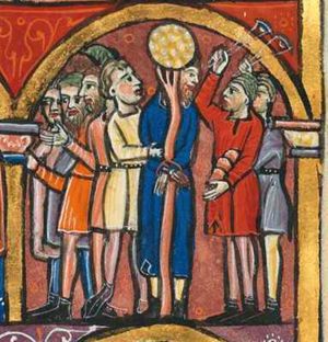 Achior is standing behind a tree, with his crossed hands tied in front of it, turning his head to his left, looking at two men from Bethuliah who hold a swing in their raised right hand and of which the foremost holds stones in his left in front of him; to Achior's right a second group of men, one of whom is holding his arm, while the others hold their right arm sideways, palms of the hands in front view, and turn their heads back to their right, looking at Holofernes in the previous scene; architectural setting.