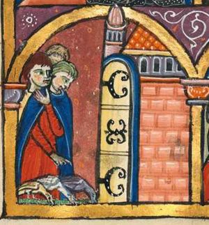 three men in front of the closed city-gate - with decorated hinges and lock - of Bethuliah; one of them points down with his right hand at three birds who are drinking water from a spring, while he holds his left hand in front of his chest; architectural setting.
