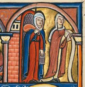 Judith, holding a scroll with both hands in front of her chest, is followed by her maid-servant, who is carrying a sack over her shoulder and holds a cask of wine with her left hand down; the city-gate is open behind them; architectural setting.