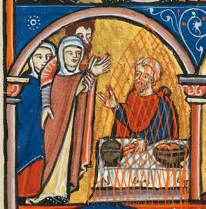 a chamberlain is leading Judith to Holofernes, having put his right arm around her shoulder and with his left holding her arms which she stretches forward with the hand against each other; Holofernes is sitting behind a rectangular laid table, under a mosquito net, holding his left hand sideways with the palm upwards and with his left hand forward, holding a bread-roll(?); two dishes on the table; Judith's maid-servant is following the chamberlain; architectural setting.