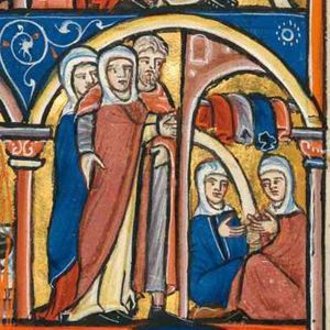 a servant leads Judith who holds both arms forward with the hands against each other, putting his right arm around her shoulder and holding the rim of her cloak with the left; her maid-servant following them; architectural setting.