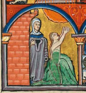 Judith, standing naked in the water of a spring, raises her arms towards the sky (moon?), her hands against each other; her maid-servant is standing next to a crenellated building, holding Judith's clothes in front of her; architectural setting.