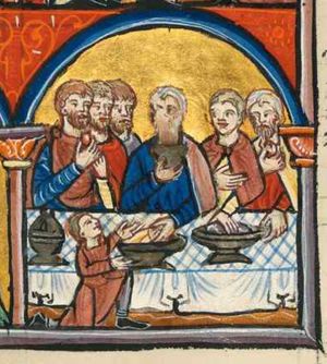 Holofernes behind a rectangular, laid table; he is holding a cup with his right hand in front of his chest; two others are bringing a piece of food to their mouth; a servant is kneeling in front of the table, raising his left with the palm upwards, his right arm forward, hodling a large dish; architectural setting.