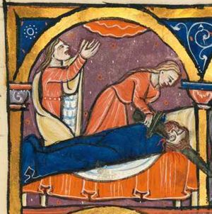 Judith raises her arms towards the moon(?) and sky, the palms of her hands towards each other; architectural setting.