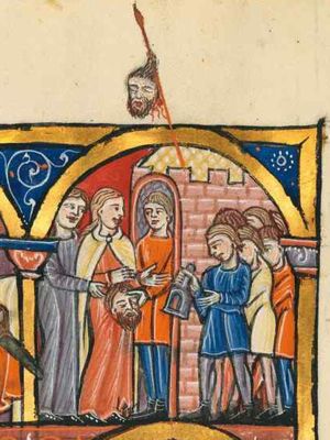 Judith holds Holofernes' head with her right hand in front of her and puts her left hand forward with the palm in front view; her maid is following her, stretching her right hand forward; a man is standing in the doorway of the city-gate, touching the head with his left hand downward; a small crowd is gathered outside the city-wall, the foremost man holds a lantern forward with his right hand, holding his left hand in front of him; (conflated with:) Holofernes' head is stuck on a pole on the city-walls; architectural setting.