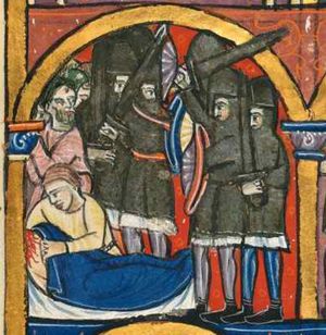 Bagoas kneels at Holofernes' bedside, holding the blanket and looking at the decapitated body; behind him an Assyrian is turning his head back to his left; Assyrian and Israelite soldiers in mail-coat, short tunic and helmet oppose one another; the foremost Israelite raises his sword with his right hand, holding a shield with his left; the other Israelite holds his sword in front of him; the foremost Assyrian soldier holds his shield with his left and stretches his right hand backwards and sideways; the other Assyrian holds his shield high above his head and his sword in front of him; architectural setting.
