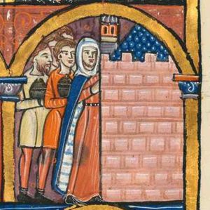 Judith, her right hand in front of her chest, leads a small group of citizens, two of which carry a vessel with their right hand in front of them, back to the city of Bethuliah; architectural setting.
