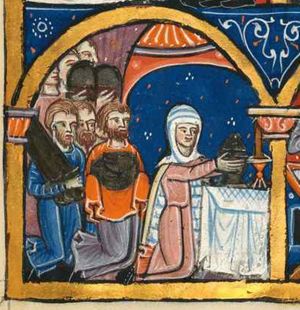 in the temple, represented as a small domed building, Judith is kneeling on both knees in front of the altar on which a candlestick is placed; she puts a vessel, which she holds with both hands forward, on the altar; behind Judith a group of citizens is kneeling; the foremost of them is holding a shield(?) with covered hands, the second is holding swords with his hand in front of him