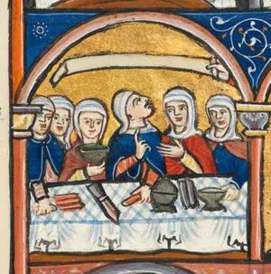 queen Vashti, behind a rectangular laid table, holds a bread-roll(?) with her left hand held forward and holds her right hand in front of her chest in a pointing or speaking gesture; she looks upwards at the scroll above her head, which is held by one of the king's eunuchs (next scene); of the women accompanying the queen, one holds her left hand forward, touching a cup, a second one holds her left hand in front of her chest, a third holds a cup in front of her chest; a fourth also holds bread-rolls(?) with forward stretched hand; architectural setting.