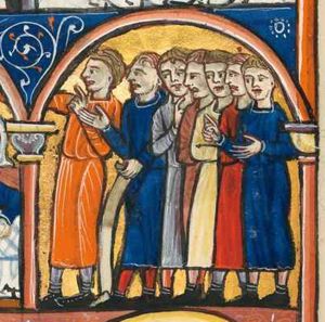 the seven eunuchs sent to fetch queen Vashti: one of them stretches his right hand forward, holding a scroll above the head of the queen and her company (previous scene); with his left hand in front of his chest, he makes a speaking gesture; a second eunuch holds his right hand forward with the palm of the hand in front view and a his left hand downwards, holding a scroll; another one holds his right arm in front of his chest; one holds his right hand forward in a speaking gesture and his left in front of his chest; four of the eunuchs seen in profile, grimacing (alternating orientation of the heads: profile and three-quarter view; all eunuchs are beardless); architectural setting.