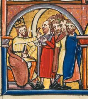 king Ahasuerus is sitting on his throne with his legs crossed - seen in three-quarter view - holding a sceptre with his left hand resting on his leg, and stretching his right hand forward in a gesture of speech; of his courtiers, standing as a group before him, one holds his right hand forward, with a scroll in it and his left in front of his chest with the palm turned upward; one of them walks (behind the column that is part of the architectural frame of the miniature) to the right, 'towards' the next scene, while stretching his right hand forward in a pointing gesture and turning his head back to his right, looking at the king; architectural setting.