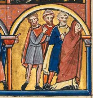 queen Vashti is walking with her covered right hand bent towards her head; three men follow her, the foremost with his right hand in front of his chest, the middle one is wearing a cap; the third one is holding his left hand forward and his right raised in a gesture of speech, he is also turning his head back to his right, 'looking at' the previous scene; architectural setting.