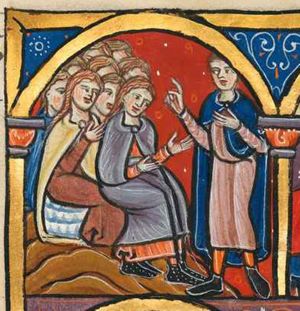 Hegai is standing in front of the girls entrusted to her care, making a speaking gesture with her right hand forward, his left hand in front of his chest; the virgins are sitting on the ground in front of him; the foremost (Esther?) holds both hands forward with the plams turned towards each other; a second one holds her right hand in front of her chest; architectural setting.