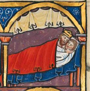 king Ahasuerus, with a cap(?) on his head, is lying in bed (pillow, blanket) with one of the selected virgins; he touches the girl's cheek; architectural setting with velum above the bed.