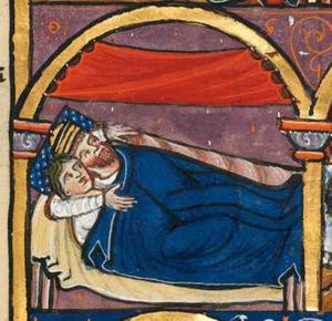 king Ahasuerus is lying on his back in his bed with a cap(?) on his head; Esther is lying beside him; they have put their arms around each other's shoulder; pillow and blanket on the bed; architectural setting with a velum.