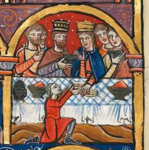 behind a laid, rectangular table, king Ahasuerus and Esther, both crowned; the king holds a cup in his right hand in front of his chest; Esther holds her right in front of her chest with the palm in front view; she stretches her left hand forward to accept a cup held with raised hands by a servant who is sitting on one knee in front of the table; a man to the king's right is holding his right hand in front of his chest; a woman to Esther's left holds a cup with her right hand in front of her chest; bread-rolls(?), dishes with food on the table; architectural setting.
