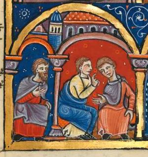 the two courtiers Bagathan and Thares are sitting under an arcade; one of them - seen in profile - makes a speaking gesture with his right hand forward; the other rests his left hand on his knee and holds his right hand forward with the palm in front view, his head slanting to his right; Mordecai is eavesdropping, sitting with his left hand on his knee and holding his right in front of his chest; architectural setting.