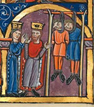 Esther, crowned, raises her right hand in a speaking gesture; Ahasuerus raises his right hand with the palm in front view, and holds his left sideways, indicating the two courtiers, who are hanging on the gallows (two uprights) with their hands tied behind their back.