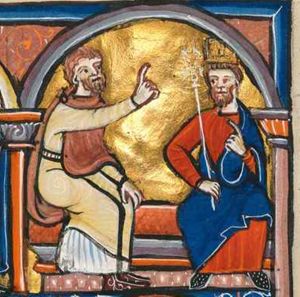 Haman and Ahasuerus seated on a bench; Haman - in three-quarter view - has his left hand on his knee and holds his right hand forward in a gesture of speech; Ahasuerus - in front view - holds his sceptre with his right hand in front of his body and holds his left hand in front of his chest in a gesture of speech; architectural setting.