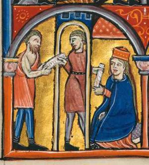 Mordechai, dressed in a sack, gives a scroll which he holds with both hands forward, to Hatach who, while walking through a gate, accepts it with his right hand backwards to his side, turning his head back to his right, looking at Mordechai; Hatach simultaneously (conflated) gives the scroll to Esther with his left hand forward; Esther, inside the crenellated building, is seated, accepting the document with both hands forward; she is wearing a crown; architectural setting.