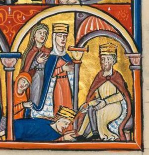 Esther standing in front of Ahasuerus who is enthroned under a canopy; she holds her right hand in front of her chest, as does one of the maid following her; the other maid holds the edge of Esther's mantle; scene conflated with: Esther prostrate before Ahasuerus, kissing the tip of his sceptre which he holds forward with his right hand downward, holding his left hand forward and downwards too; architectural setting.