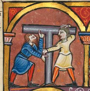 two men in short tunic erect a T-shaped cross: they both have one arm raised, one of them as though pushing the cross-bar, the other with his arm around it as though supporting it with his shoulder, they both hold the vertical bar with a hand stretched forward; architectural setting.