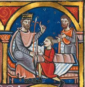Ahasuerus sitting on his bed, which has not been slept in; he rest his right hand on his knee, holding his sceptre; his left hand is held forward in a gesture of speech; a servant is reading from an open book, held with the left hand forward; he is kneeling on one knee