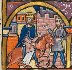Haman is leading the horse on which Mordechai, wearing a crown, is seated; Mordechai is holding his left hand forward with the palm in front view; his right is held downwards on his knee, holding the reins; Haman, wearing a short tunic, holds his left hand in front of his body, leading the horse, and his right hand sideways and backwards, with the palm in front view; he is walking while turning his head back to his right, towards Mordechai; buildings behind them, among which a crenellated tower; architectural setting.