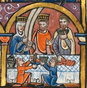 behind a rectangular laid table: Ahasuerus in the centre, holding his left hand in front of him with the palm in front view, his right hand to the side, holding a scroll; he turns his head to his right; he is looking at Esther, who holds her left hand slightly forward with the palm in front view, and her right hand in front of her chest, also holding a scroll; Haman, on the king's left, is holding a cup with his left in front of his chest, while holding bread-rolls(?) with his right hand forward; two servants kneel in front of the table, one offering a cup with both hands raised, the other one cuts a bread (on a dish) with a knife, also holding both arms raised; architectural setting.