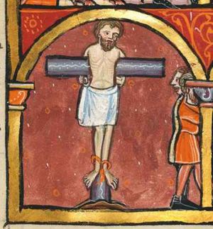 Haman hung on the T-shaped cross, his arms are bound over the cross-bar and tied on his back; he is wearing a loin-cloth; his feet are also bound; two men are walking away, one of them turning his head back to his right, looking at Haman; architectural setting.