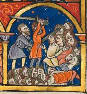 two men in short tunics are killing people: one of them raises a sword with two hands above his head, the other strikes a skull-splitting blow with both arms stretched forward, his victim holds both arms sidewards with the palms in front view; at the feet and in front of the two: a group of mostly dead and dying people: open mouths, closed eyes; architectural setting.