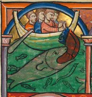 Jonah, held by his feet by one of four sailors in a rowing boat, is disappearing head first into the mouth of a big fish; the boat's extremities cross the architectural frame.
