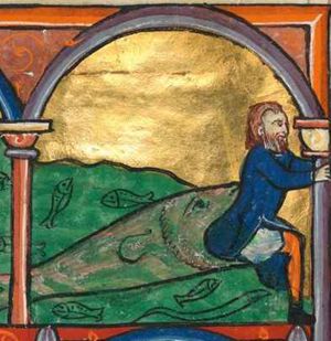 Jonah is coming out of the mouth of the fish, one leg bent forward; he is holding both arms forward; the fish's tail and Jonah's hand are crossing the architectural frame.