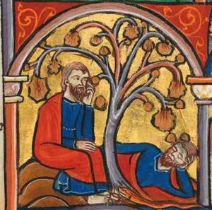 Jonah is sitting under a plant, his right hand on his knee, his left against his chin; architectural setting.
