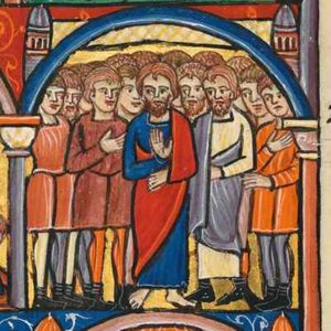 Jonah is standing in front of the people of Nineveh, holding his right hand in front of his chest, with palm in front view, his left in front of his abdomen; two others hold their right hand in front of their chest, one is holding his left in front of his body, another one is holding his left hand slightly forward; architectural frame with architectural details (small towers) indicating the city of Nineveh(?).