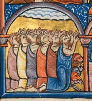 the people of Nineveh, dressed in sackcloth, sitting on their knees, raise their hands with palms towards each other, looking upwards to heaven; cattle lying in front of them; architectural setting.