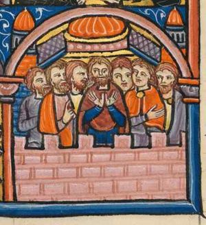Jonah, with his hands in front of his chest, palms in front view in an 'orans' gesture amidst the people of Nineveh; one man holds his right hand in front of his chest in a speaking gesture; another one holds his right arm across his chest to the left; (crenellated) walls; architectural setting.